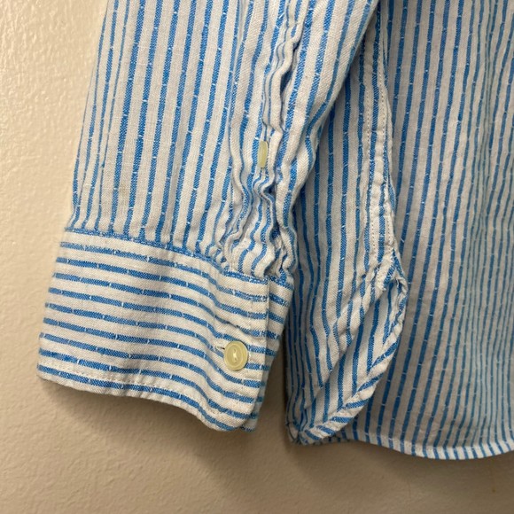 TALBOTS woman's size medium M 100% linen blue white striped button top shirt - Picture 7 of 12